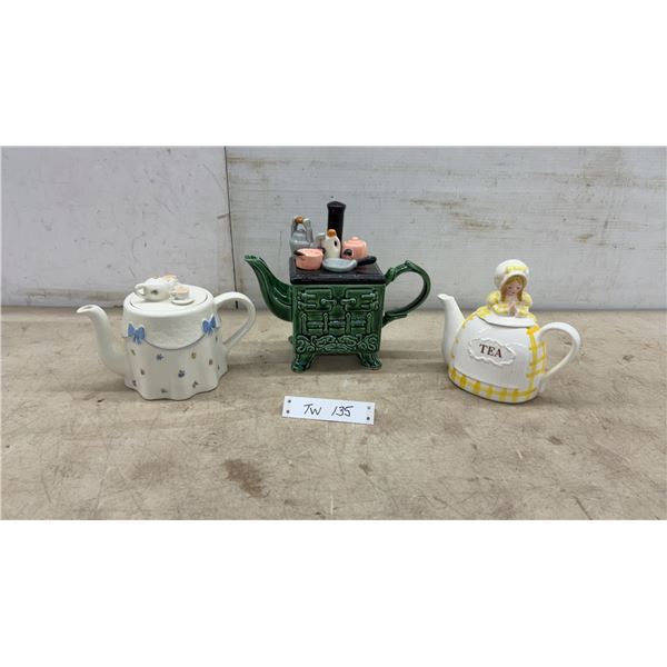 Three Decorative Ceramic Novelty Teapots: Floral Bow, Antique Stove, and Plaid Girl Figural