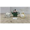 Image 1 : Three Decorative Ceramic Novelty Teapots: Floral Bow, Antique Stove, and Plaid Girl Figural