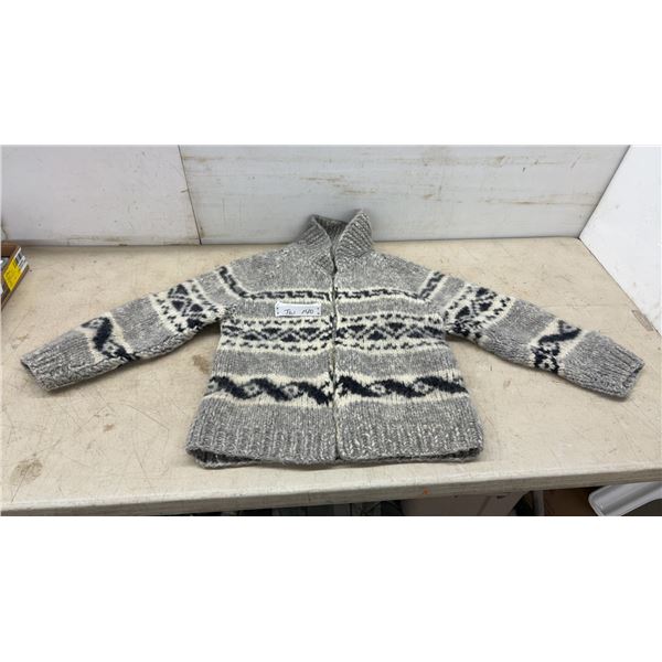 Hand-Knit Cowichan-Style Full-Zip Wool Sweater, Grey, Off-White, and Black Geometric Pattern