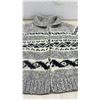 Image 3 : Hand-Knit Cowichan-Style Full-Zip Wool Sweater, Grey, Off-White, and Black Geometric Pattern
