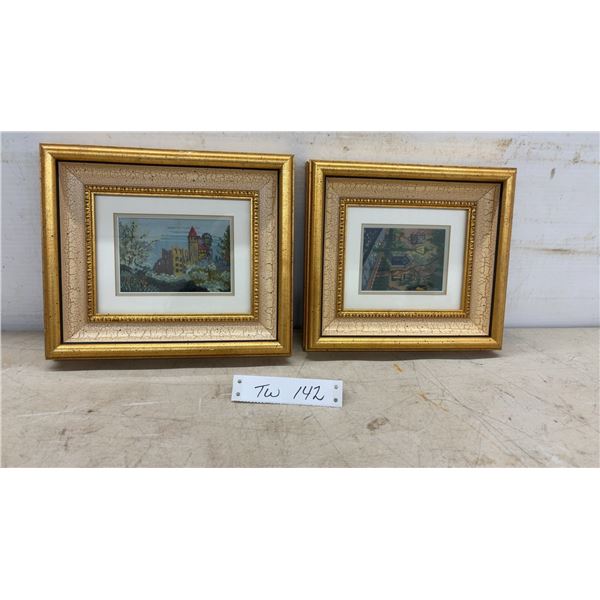 Pair of Framed Needlepoint Artworks in Distressed Gold Crackle-Finish Frames, 10 × 8 1/2”
