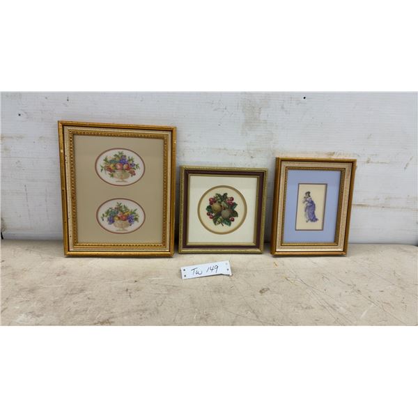 Three Framed Needlepoint Artworks, Fruit Baskets, Cherries, and Victorian Lady, Largest