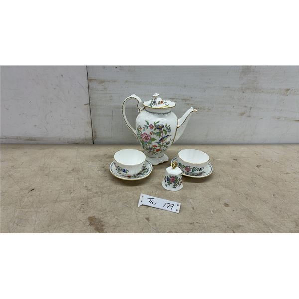 Aynsley Pembroke Bone China Tea Set with Teapot, Two Cups, Saucers, and Bell