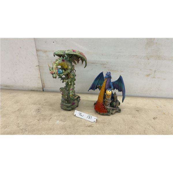 Two Ebros Gift Jeweled Emerald Dragon and Blue Fire Dragon on Castle Statues, Tallest 11”