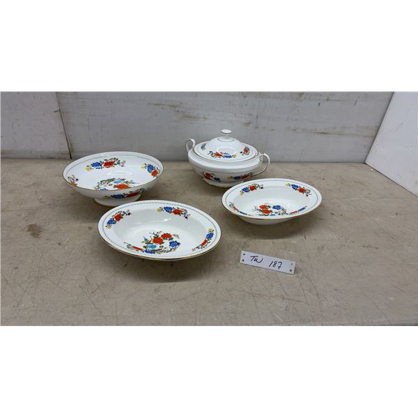 Aynsley Famille Rose Bone China Serving Set with Lidded Tureen and Bowls