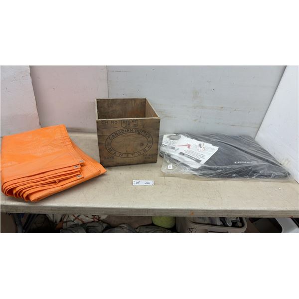 Vintage Canadian Butter Manitoba Wood Crate, 12 d 13 × 14” Orange Tarp, and New Toyota Corolla