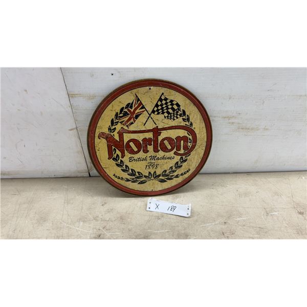 Norton "British Machines Since 1898” Round Tin Sign with Union Jack and Checkered Flag, 11 3/4”