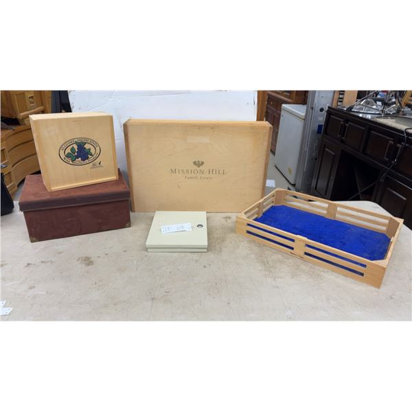 3 Wood Crates, Metal Key Box, and Storage Box