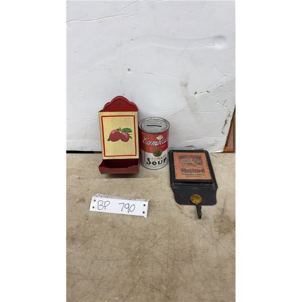 Vintage Match Holder Tin, Campbells Tomato Soup Bank, and Vintage Metal Holder