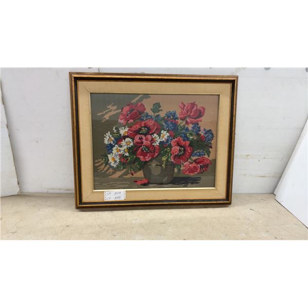 Framed Floral Bouquet Needlepoint Tapestry with Red Poppies, Daisies, and Blue Flowers in Vase