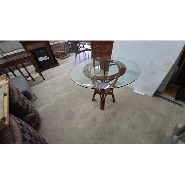 Rattan and Glass Round Bistro Table, 29” High × 36” Diameter