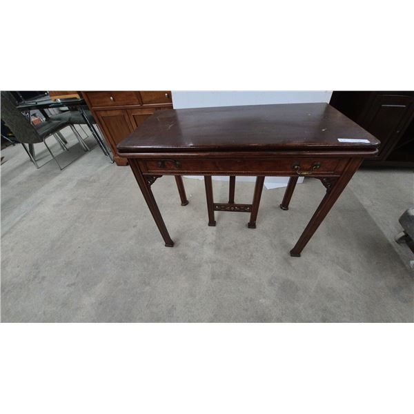 Mahogany Drop Leaf Table with Two Drawers and Carved Details. 30”×38”×20”