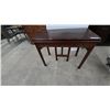 Image 1 : Mahogany Drop Leaf Table with Two Drawers and Carved Details. 30”×38”×20”