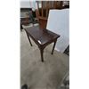 Image 2 : Mahogany Drop Leaf Table with Two Drawers and Carved Details. 30”×38”×20”