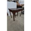 Image 4 : Mahogany Drop Leaf Table with Two Drawers and Carved Details. 30”×38”×20”