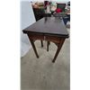 Image 5 : Mahogany Drop Leaf Table with Two Drawers and Carved Details. 30”×38”×20”