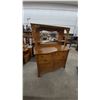 Image 1 : Oak Carved Sideboard with Mirror, Two Shelves, Four Drawers, and Two Cabinet Doors. 64”×48”×21”