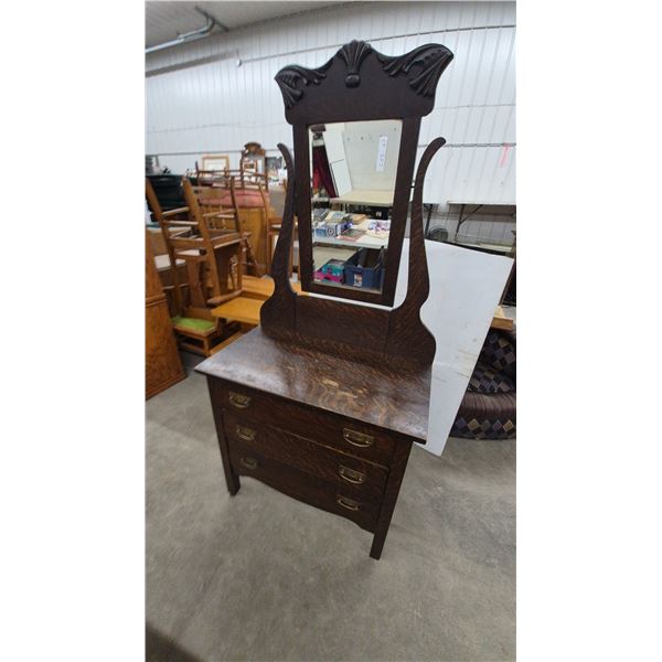 Antique Oak Dresser with Mirror, 3 Drawers and Brass Pulls. 69”×32”×17”
