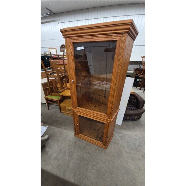 Oak Corner Display Cabinet with Glass Shelves and Lower Storage. 71”×31”×20”