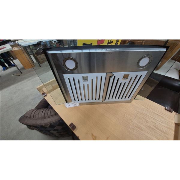 Stainless Steel and Glass Range Hood with Controls, Lights, and Vent Covers; Blue Vent Box
