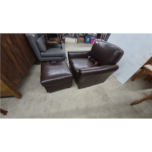 Brown Leatherette Armchair and Ottoman