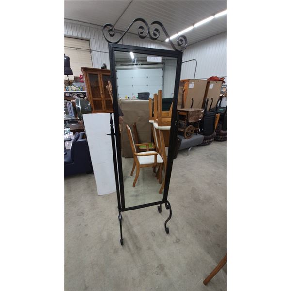Black Wrought Iron Cheval Mirror with Scrollwork and Stand