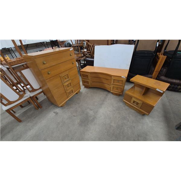 Three-Piece Bedroom Set: Dresser, 49”×33”×18” Vanity. 24”×52”×18”, and Nightstand 25”×15”×22”