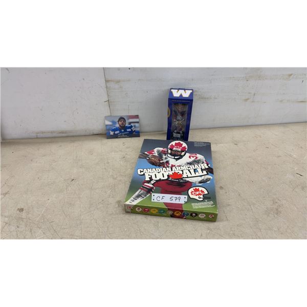 Canadian Armchair Football CFL Board Game, Ontaria Wilson Bobblehead and Brady Oliveira Card