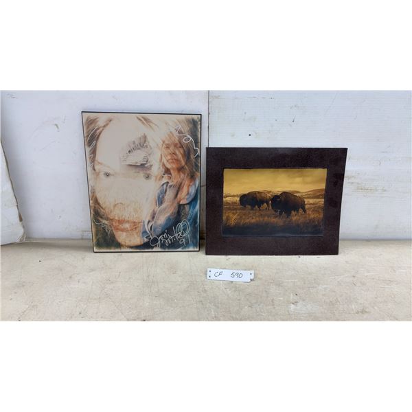 Signed Joni Mitchell 1991 Framed Print, 13 × 11” and Sepia Bison Photograph by JL, Wichita