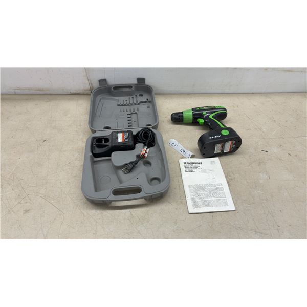 Kawasaki 21.6V 2-Speed Battery-Operated Drill With Charger, Manual, and Case