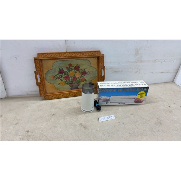 Wooden Floral Painted Serving Tray, Braun Electric Grinder, and Decosonic Vacuum Bag Sealer