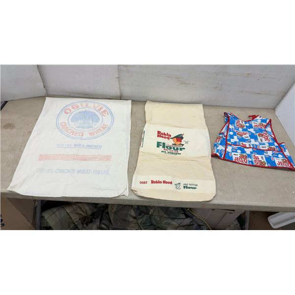 Vintage Ogilvie Cracked Wheat and Robin Hood Flour Sacks with Cherry Jell-O Promotional Child’s