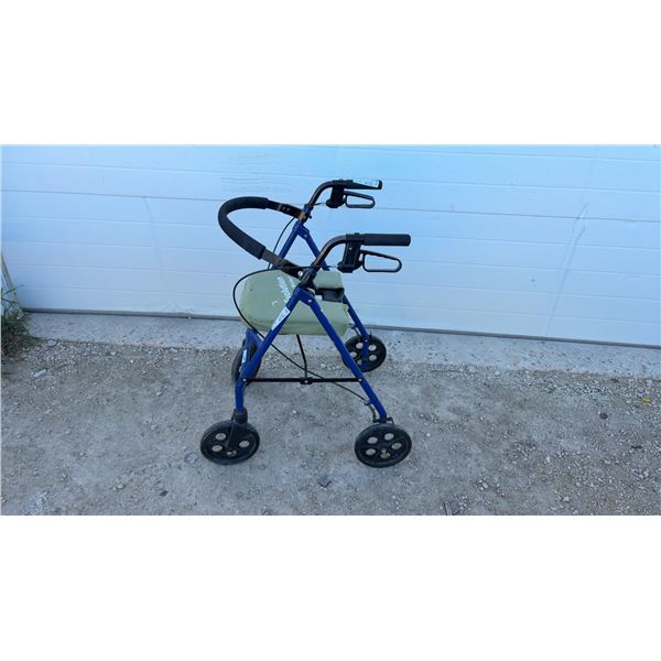 Evolution Walker Rollator with Blue Frame, Padded Seat, Four Wheels, and Hand Brakes