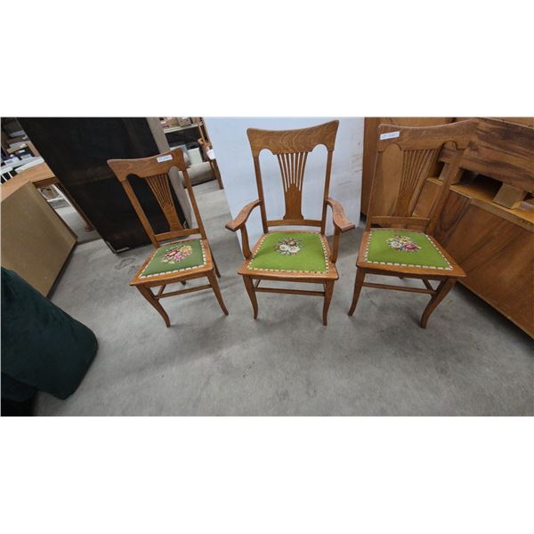 Three Antique Oak Dining Chairs: One Armchair and Two Side Chairs with Embroidered Seats