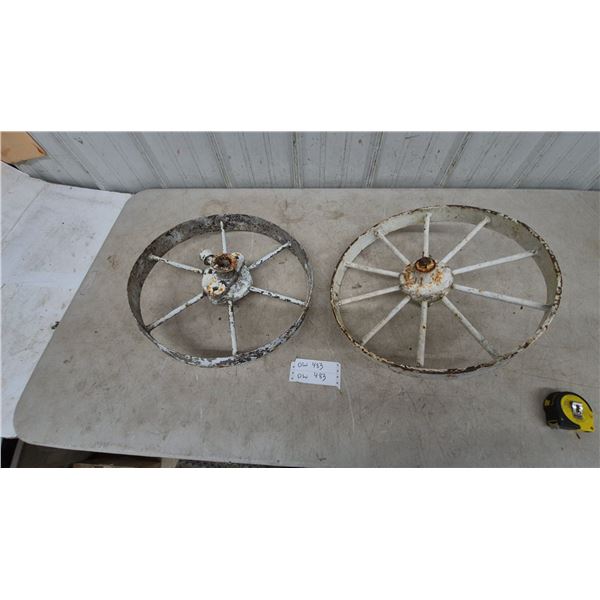 Two Antique White Painted Cast Iron Spoked Wheels, 16” diameter