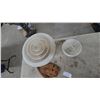 Image 2 : Two White Ribbed Glass Light Shades, One on Metal Base, and a Baseball Glove