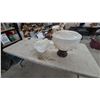 Image 6 : Two White Ribbed Glass Light Shades, One on Metal Base, and a Baseball Glove