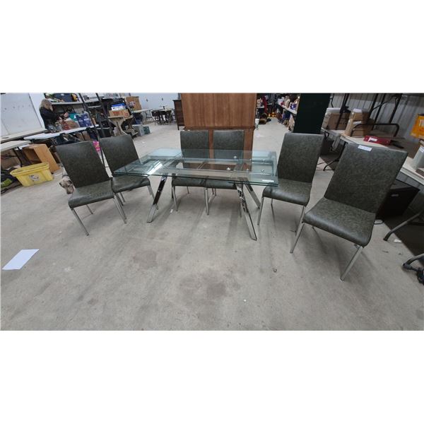Glass Top Dining Table with Chrome Legs and 6 Upholstered Chairs