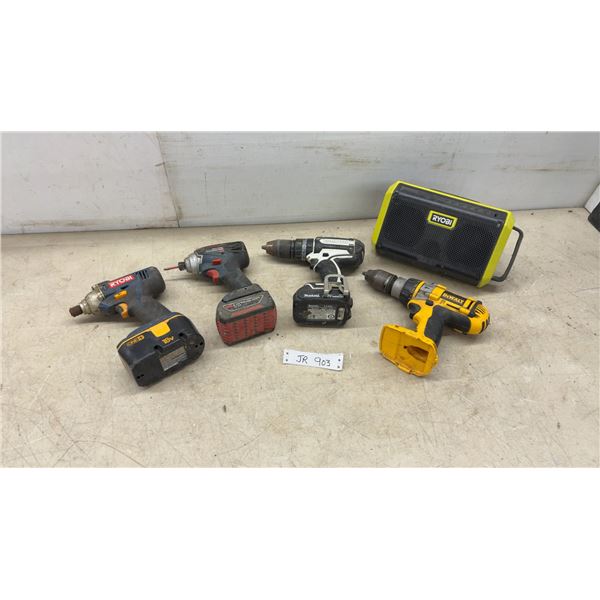 Makita, DeWalt, Ryobi, and Bosch 18V Cordless Drills, Impact Drivers, and Ryobi Speaker. No