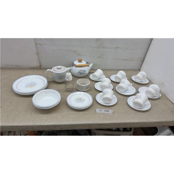 Corelle by Corning Dinnerware and Teaware: Teapot, Kettle, 6 Dinner Plates, 2 Bowls, 12 Cups and