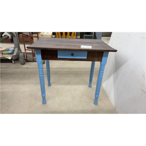 Vintage Wooden Accent Table with Blue Painted Turned Legs and Single Drawer, 30 × 34 × 23”