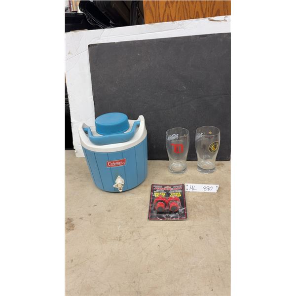 Coleman Water Cooler Jug, Chicago Blackhawks and Domino's Glasses, Airhead Boston Valves