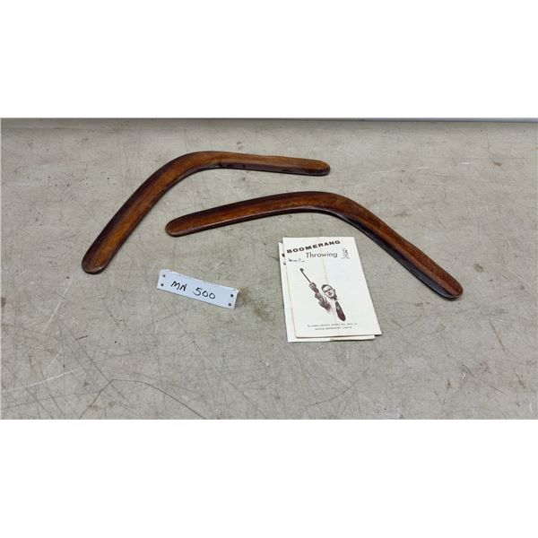 Pair of Lorin Lindley Hawes Vintage Wooden Returning Boomerangs with Throwing Instruction Booklet