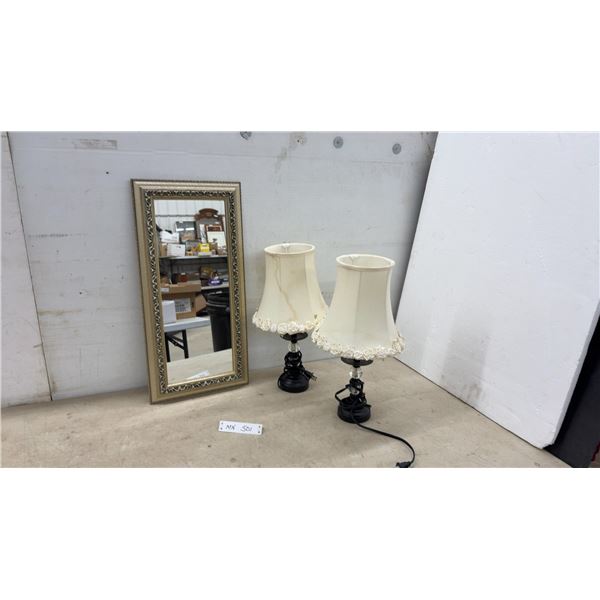 Ornate Gold-Framed Rectangular Mirror, 23 × 11” and Pair of Black Table Lamps With Floral Trim