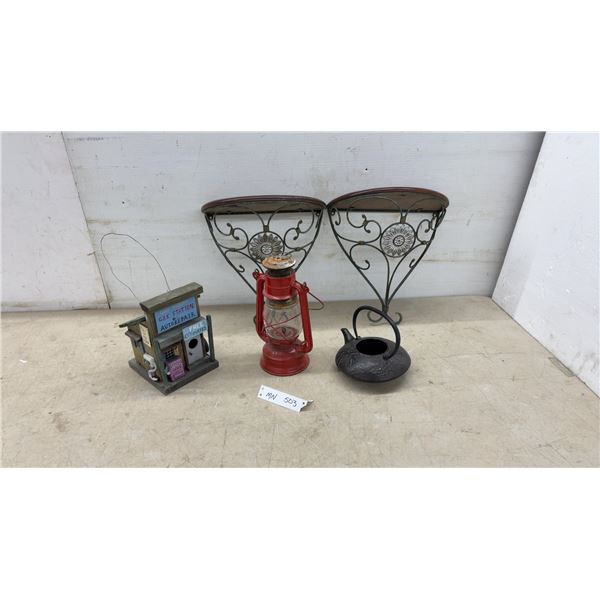 Dietz No. 10 Cold Blast Lantern, (Glass Cracked) Cast Iron Teapot, Birdhouse, and Pair of Wall