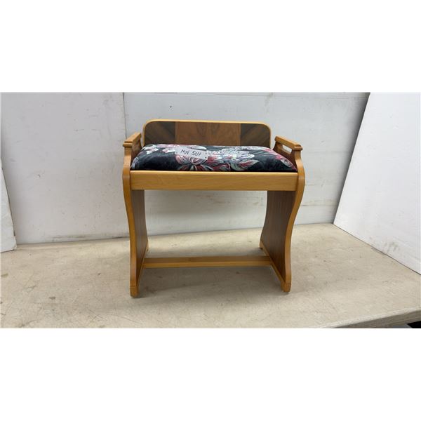 Vintage Art Deco Two-Tone Veneer Upholstered Wooden Vanity Stool with Floral Seat
