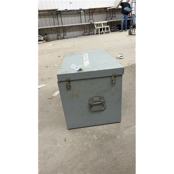 Grey Metal Storage Box with Vintage Kerosene Lanterns and Glass Insulators