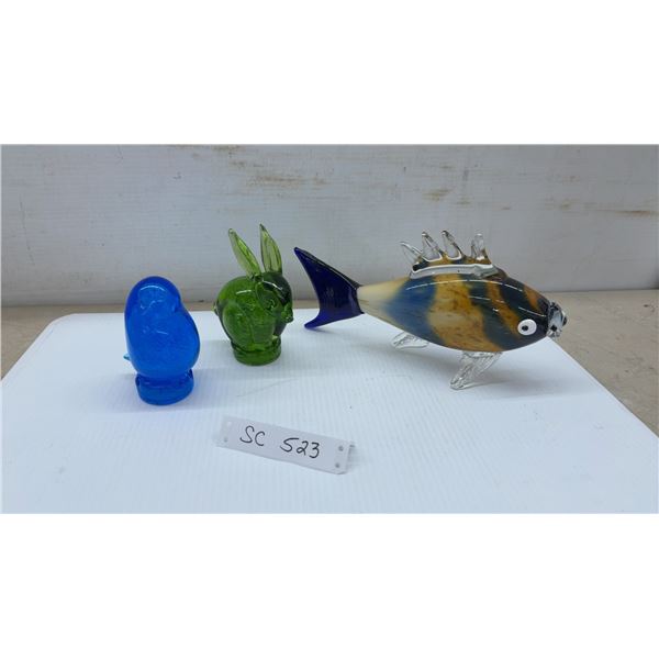 Three Pieces Art Glass Figurines, Blue Bird, Green Rabbit, and Striped Fish