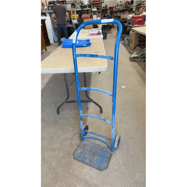 Blue Two-Wheel Hand Truck with Curved Handle and Metal Base Plate