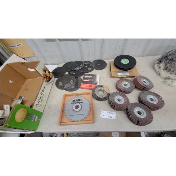 Assortment of Cutting and Grinding Wheels, Flap Wheels, Wire Wheel and DML Challenger Saw Blade